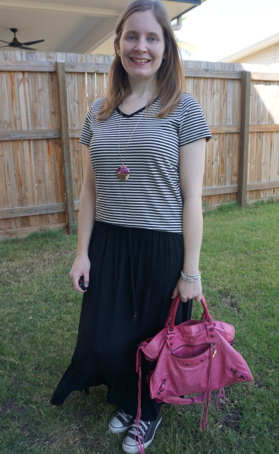 monochrome black spring maxi skirt stripe tee outfit with pink accessories Balenciaga sorbet city | away from blue