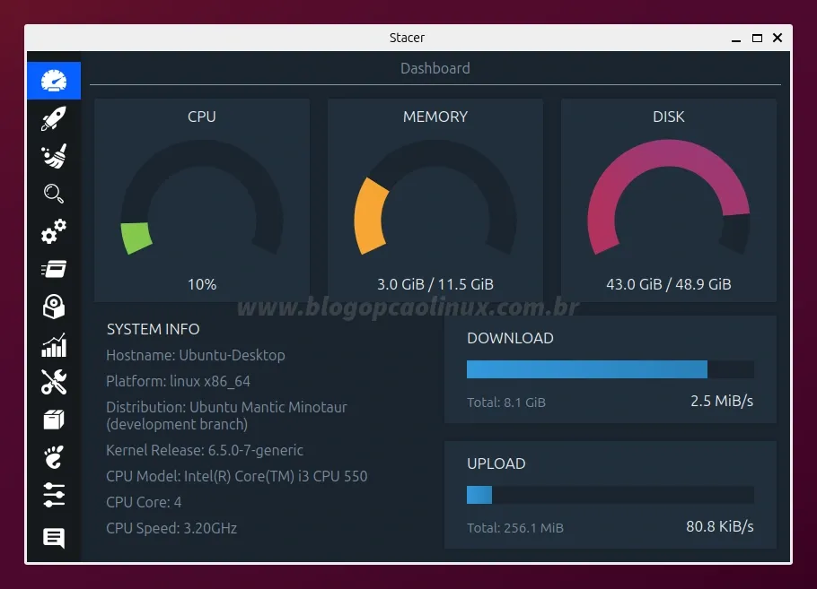 Stacer executando no Ubuntu 23.10 (Mantic Minotaur)