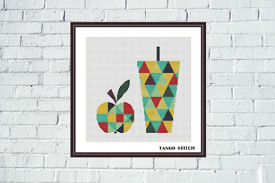 Geometric apple and cup to go bright cross stitch pattern - Tango Stitch