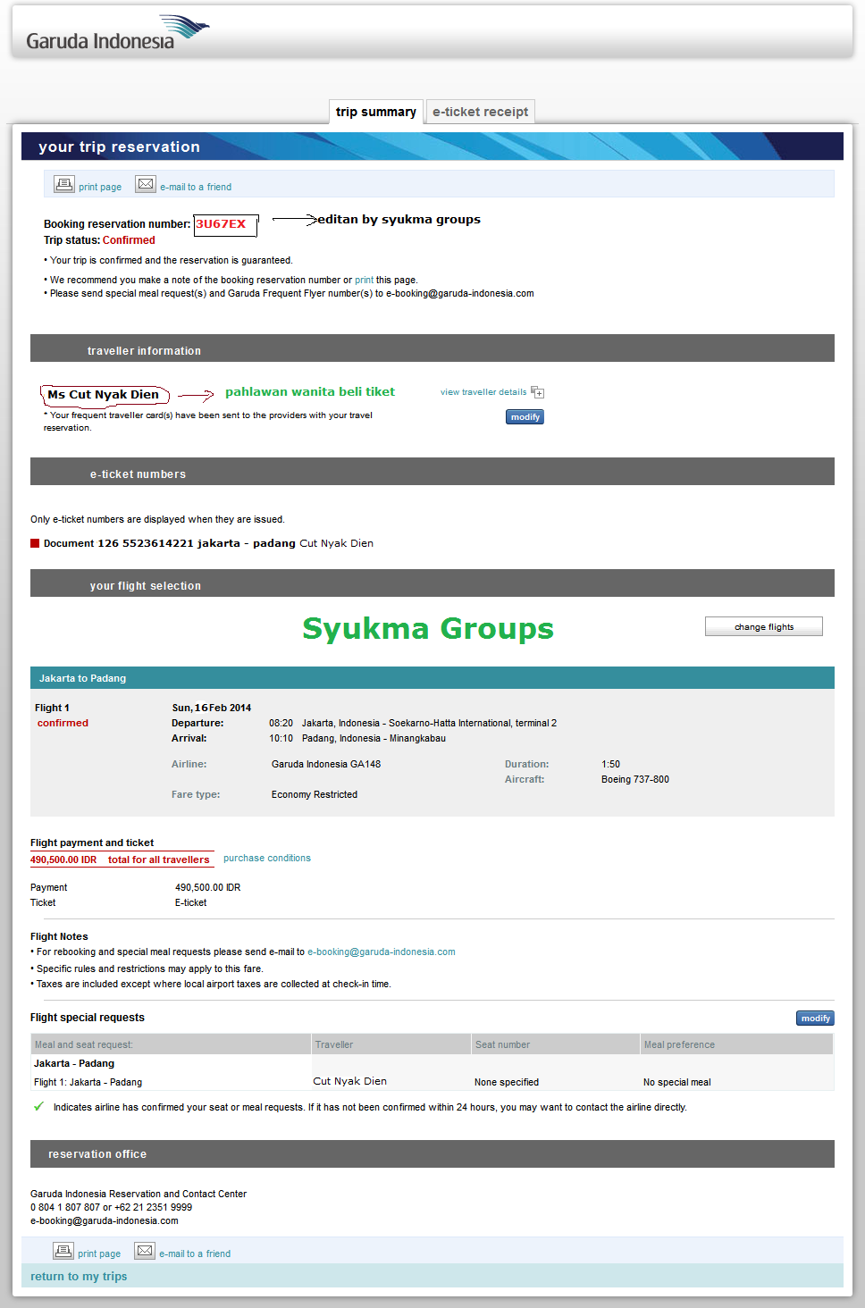 Contoh Tiket Booking Konfirmasi Garuda Indonesia