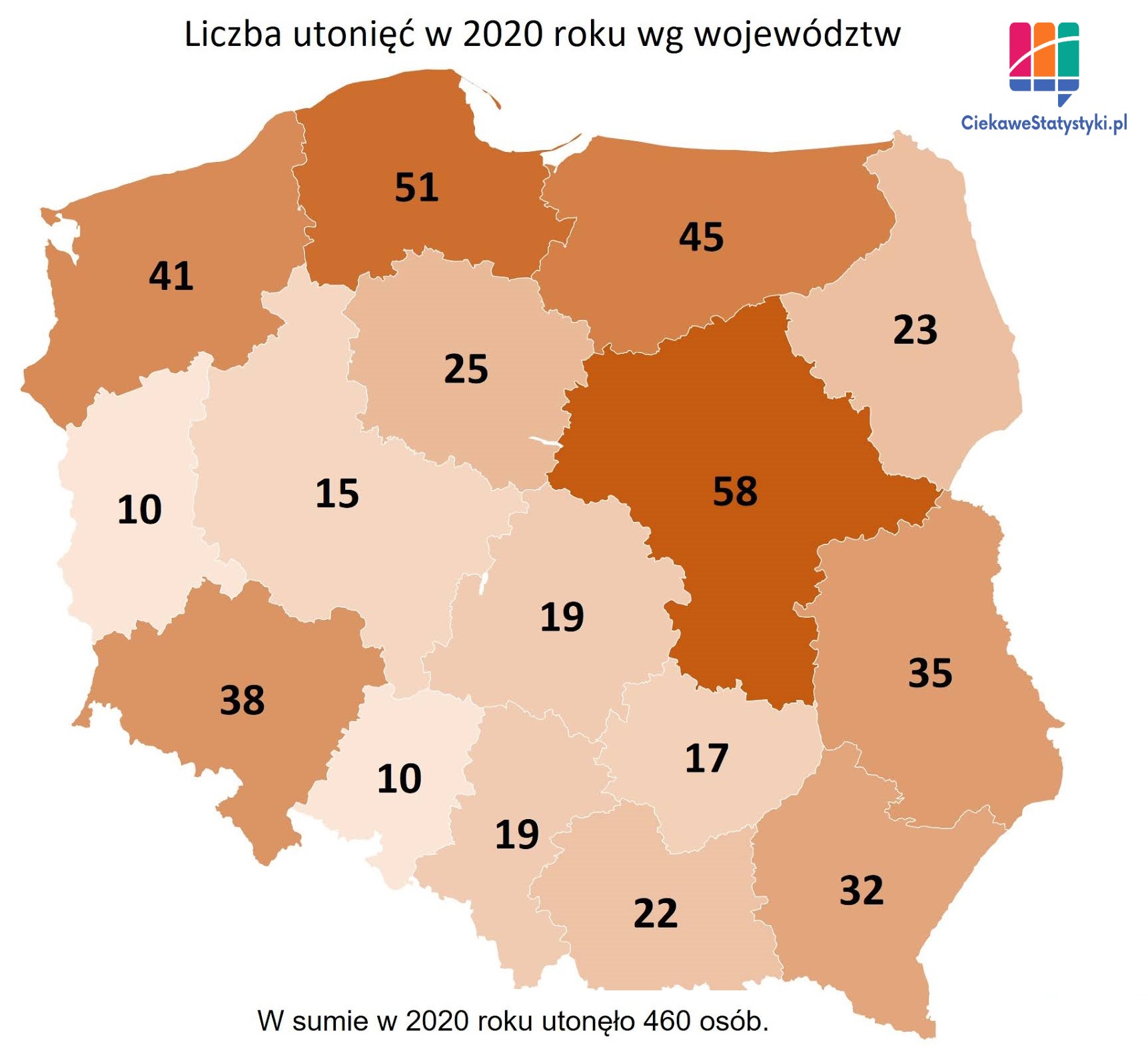 Ilość utonięć w Polsce przedstawiona na mapie