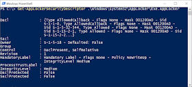 PowerShell console showing the security output by the script from Exe.Applocker policy file.