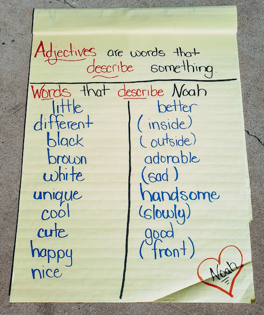 Adjectives and characterization with The Adventures of Noah by Lori Brown. Noah is a rescue dog who found his forever home. Based on a true story.