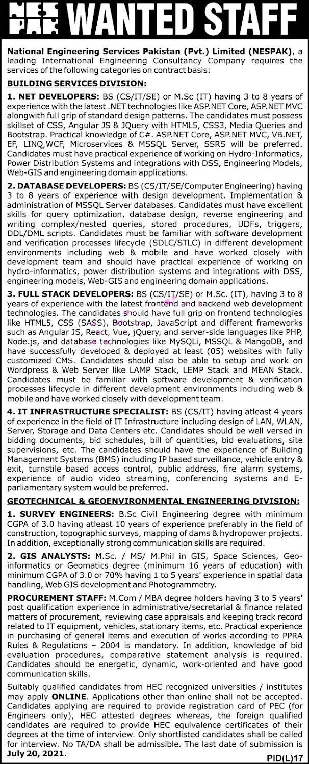 Latest Jobs in National Engineering Services Pakistan NESPAK 2021