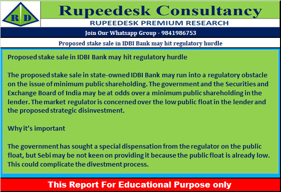 Proposed stake sale in IDBI Bank may hit regulatory hurdle - Rupeedesk Reports - 28.10.2022