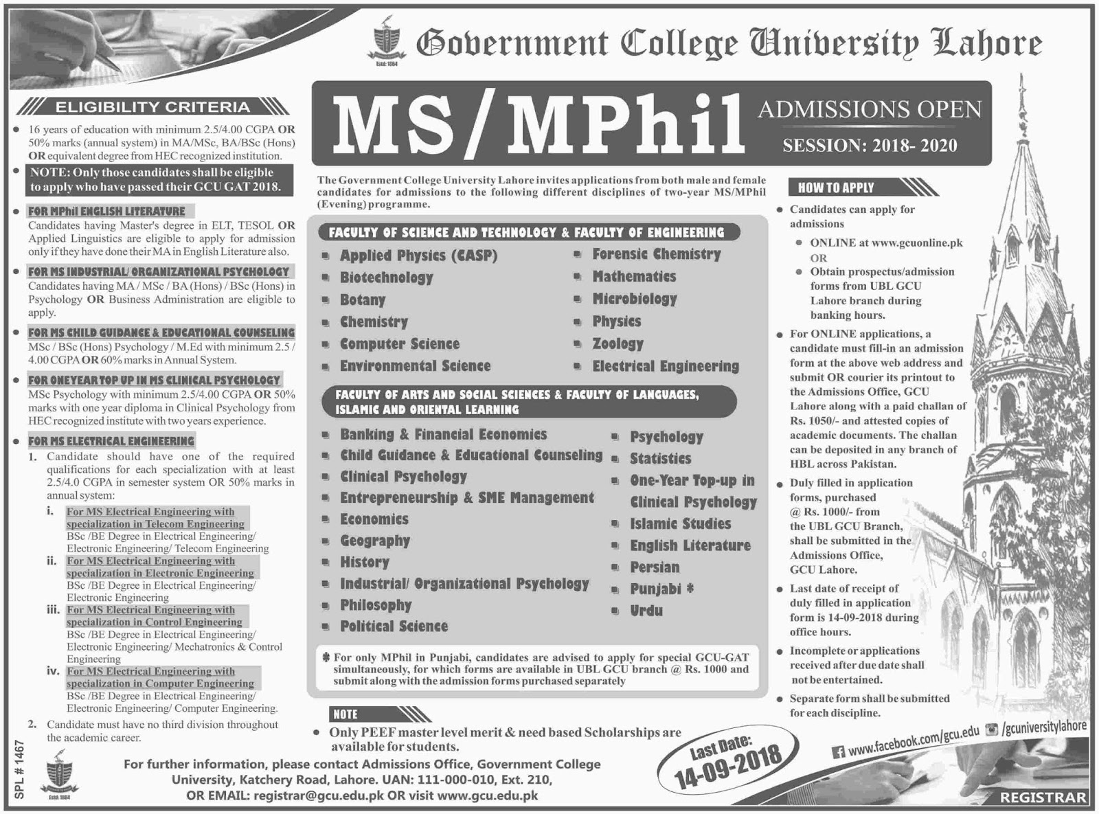 Gc University Lahore Admissions Open For Ms M Phil Session 2018