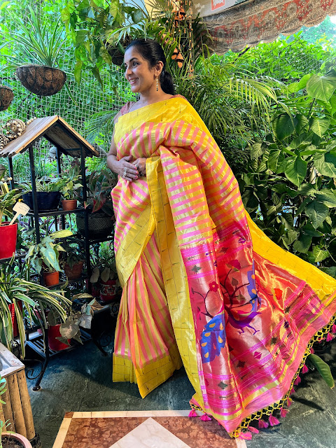 Florescent yellow and pink striped silk paithani