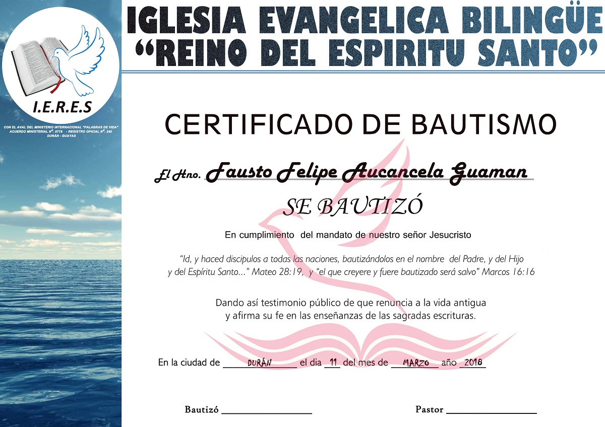 Certificado de bautismo en agua plantilla psd