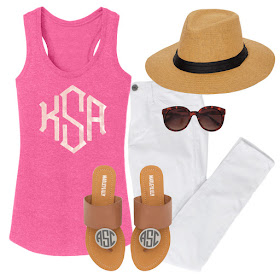 monogram tank top with white jeans and sandals