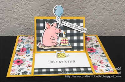 center easel card, birthday, fun fold, Birthday Piggies, Fitting Florets DSP