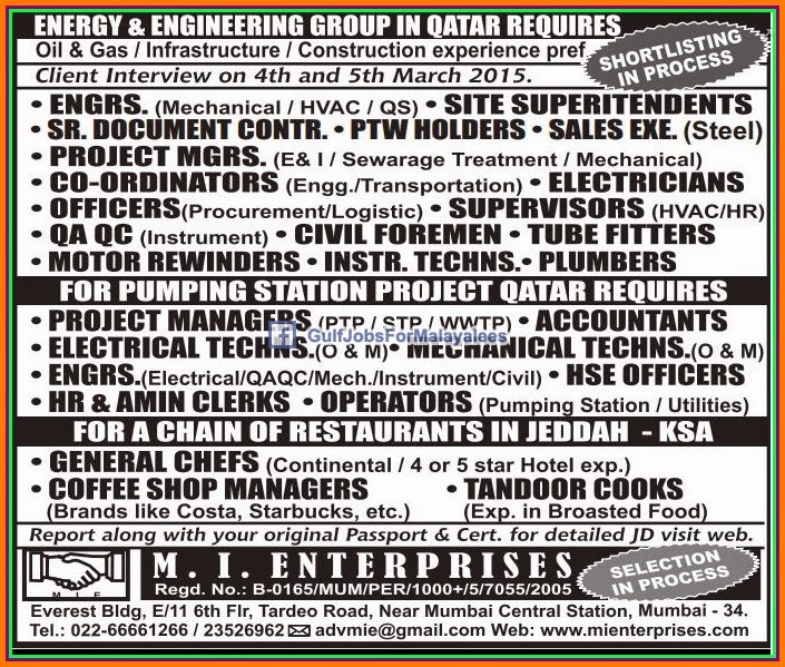 Oil & Gas Qatar & KSA Large job vacancies