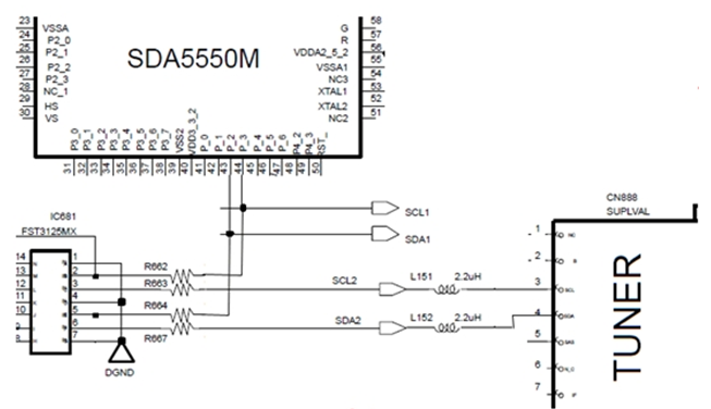 CPU điều khiển khối kênh (TUNER) thông qua các tín hiệu SDA (Signal Data) và SCL (Signal Clock)