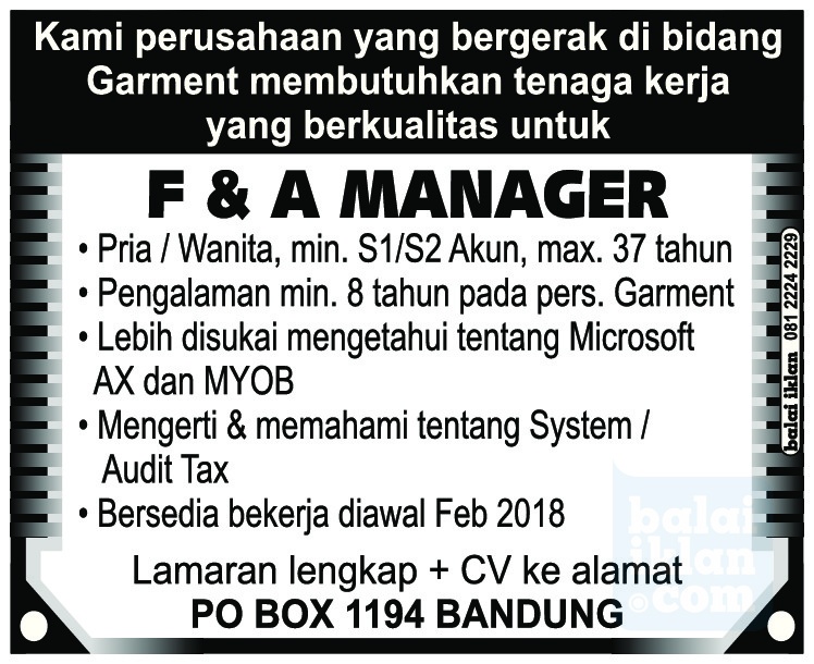 Lowongan Kerja Finance dan Akunting Manager di Bandung 
