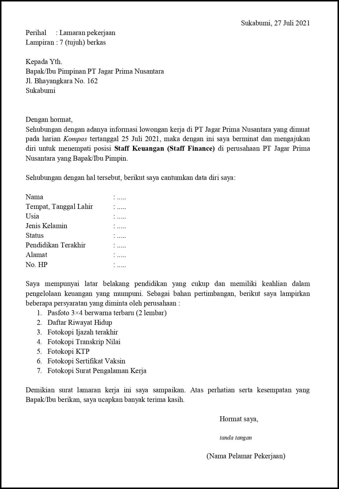 Contoh Application Letter Staff Keuangan (Staff Finance) Yang Sudah Berpengalaman Berdasarkan Informasi Dari Media Cetak