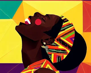 west african woman looking up in joy geometric art