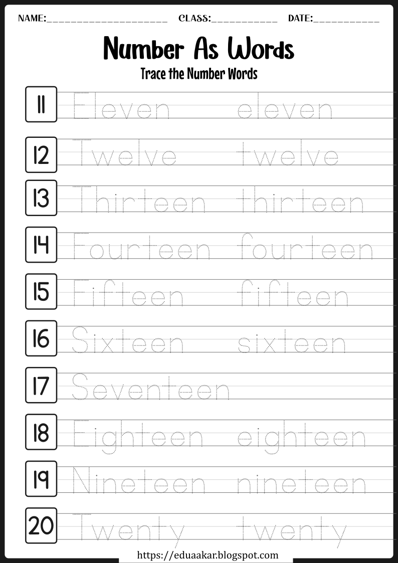 Number name word tracing worksheets