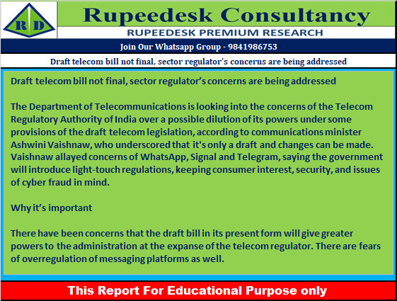 Draft telecom bill not final, sector regulator’s concerns are being addressed - Rupeedesk Reports - 20.10.2022