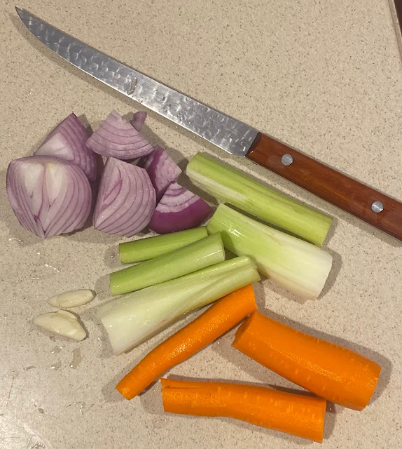 Roughly chopped carrots, celery, onion, and garlic