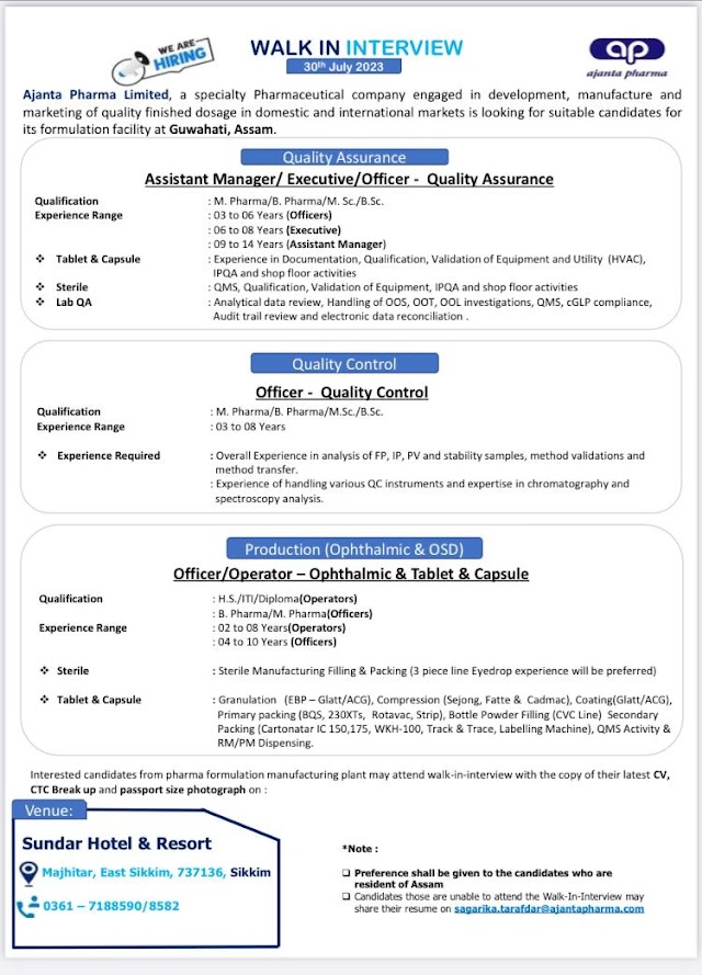 Ajanta Pharma | Walk-in interview for QA, QC & Production on 30th July 2023