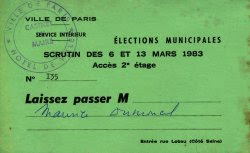 Laisser-passer Ville de Paris élections de mars 1983