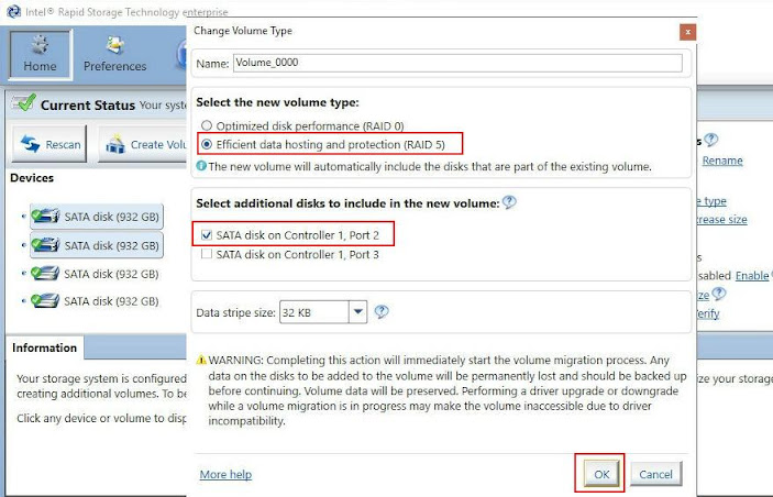 Dashboard Intel RSTe - Jendela Change Volume Type