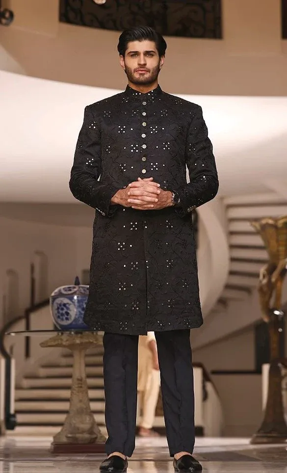 Wedding Sherwani Black - Wedding Sherwani Collection - Boys Sherwani Punjabi Design - Wedding Sherwani Hire - biyer sherwani pic - NeotericIT.com