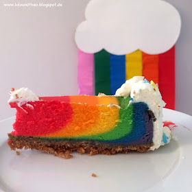 Kuchenstück im Querschnitt mit Regenbogenfarben