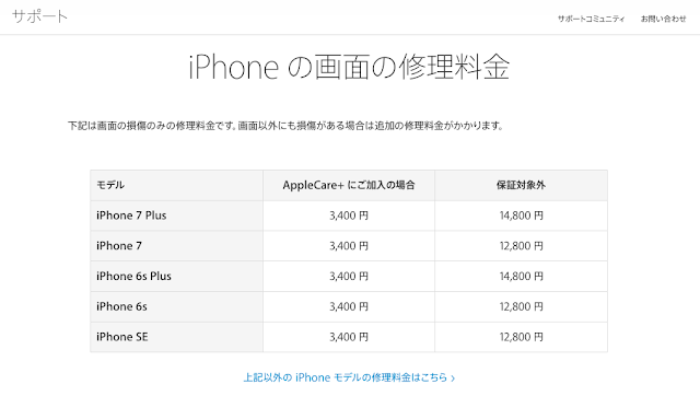 〈価格表〉iPhone の画面の修理・交換 - Apple サポート 公式サイト より（2017年1月20日現在