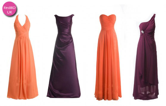 bridesmaid dresses in plum or orange for fall wedding