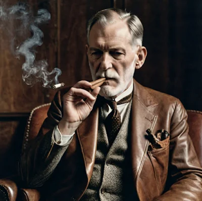 Another of Sigmund Freud wearing a beautiful brown leather blazer and smoking a cigar different angle