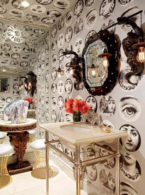 Ken Fulk Fornasetti faces wallpaper in bathroom Pacific Heights Tudor