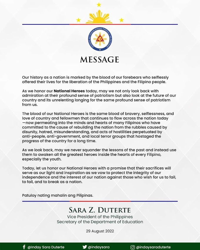  National Heroes Day | Official Statement/ Message from VP/Secretary of Education Sara Z. Duterte 