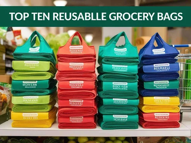 top reusable grocery bags with labels and grocery items