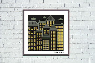 Big city lights night landscape cross stitch embroidery pattern - Tango Stitch