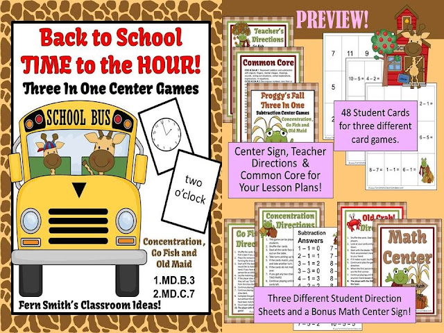  Fern Smith's Classroom Ideas, Time to the Hour for Back to School, Back to School Parts of a Whole Fractions Center Games, Back to School Parts of a Group Fractions Center Games all available at Teacherspayteachers.