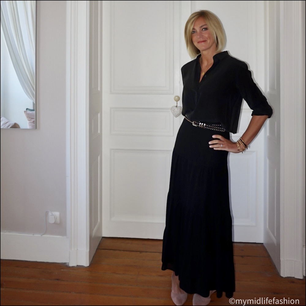 my midlife fashion, marks and Spencer silk shirt, the kooples leather studded belt, marks and Spencer tiered maxi skirt, h and m nude cut out ballet flats