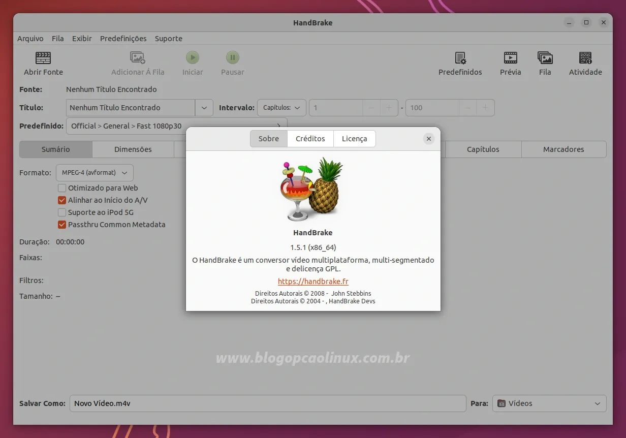 HandBrake executando no Ubuntu 22.10 (Kinetic Kudu)