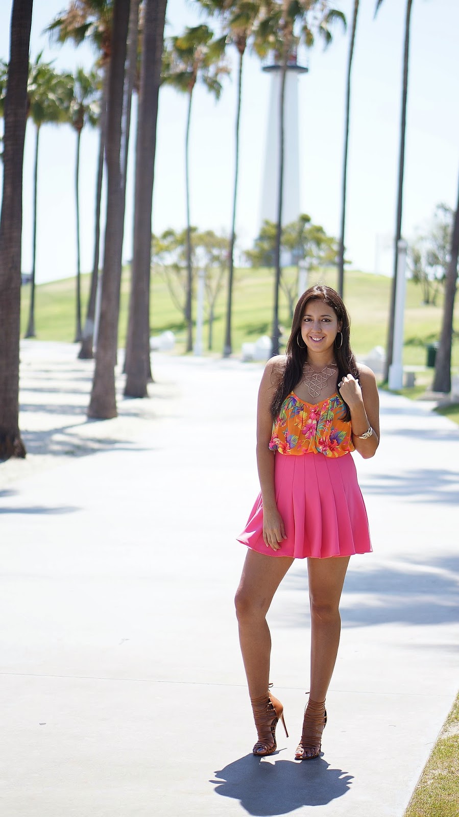 H&M Pleated Skirt, Shoemint Heels, Hawaiian Print Top, Summer Fashion
