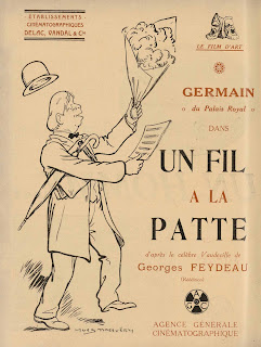 Image monochrome avec un dessin d'homme portant une partition et un parapluie plié et le titre Un fil à la patte.