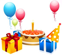Dibujo alusivo a un cumpleaños con torta, regalos y globos