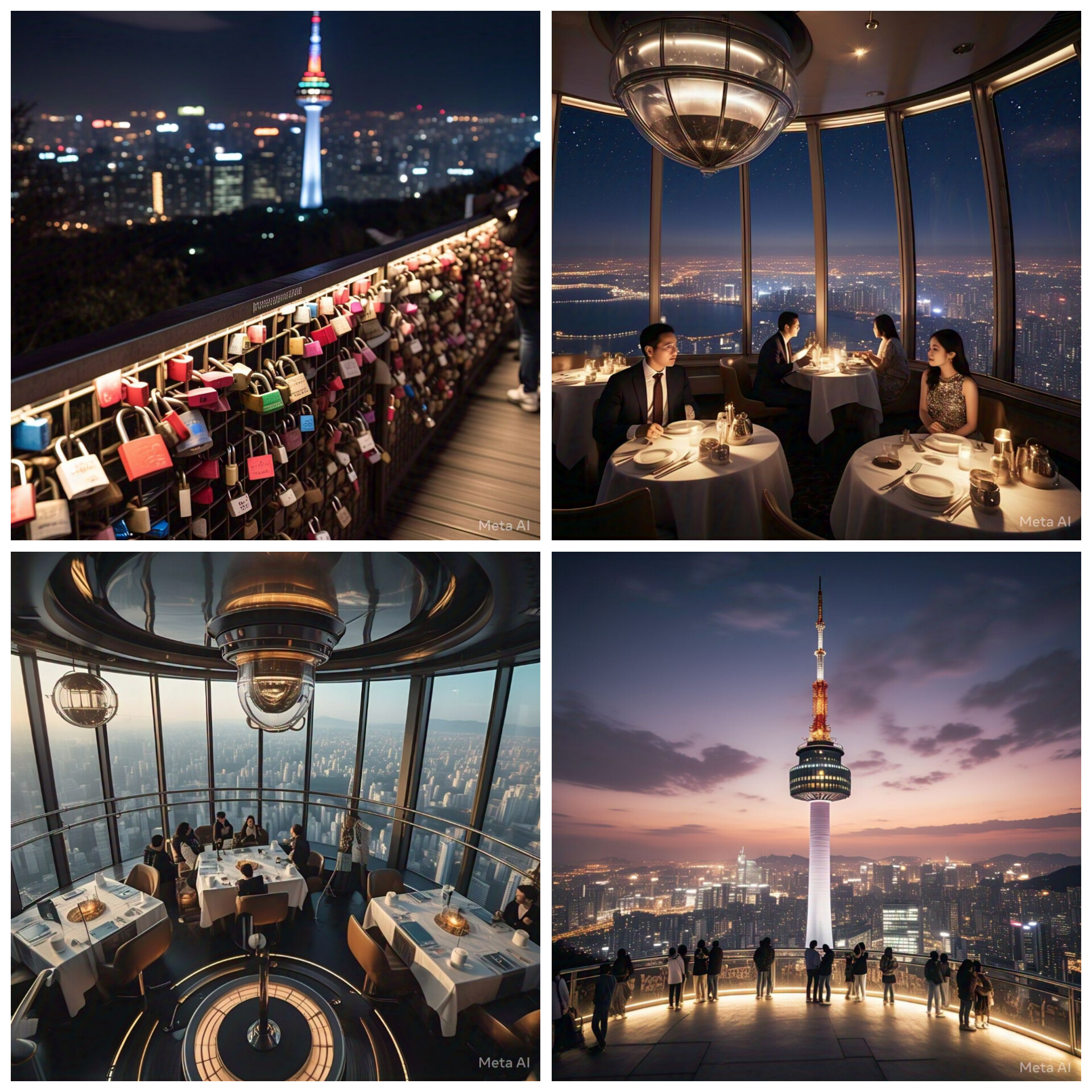 "إطلالة ليلية من برج نامسان (N Seoul Tower) في سيول، كوريا الجنوبية، مع أضواء المدينة الخلابة."