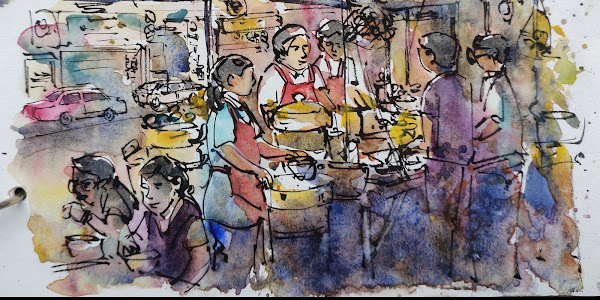 Street Shop,  loose style ink and watercolour
