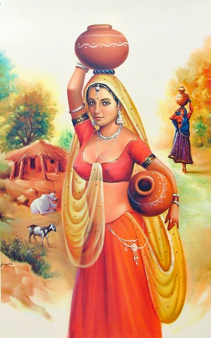 INDIAN PAINTING BEAUTIFUL POSTER WOMAN WITH POT