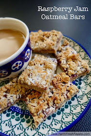 These tasty bar cookies have a raspberry jam filling sandwiched between layers of buttery oatmeal and toasted coconut crust.