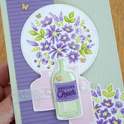 handmade floral card using Stampin Up Bottled Happiness stamp set, Vintage Bottle punch, Stylish Shapes dies, and coloured with ink and Stampin' Blends markers. Card by DI Barnes - Stampin Up demonstrator in Australia - colourmehappy - stampinupcards - cardchallenges - sketch challenge