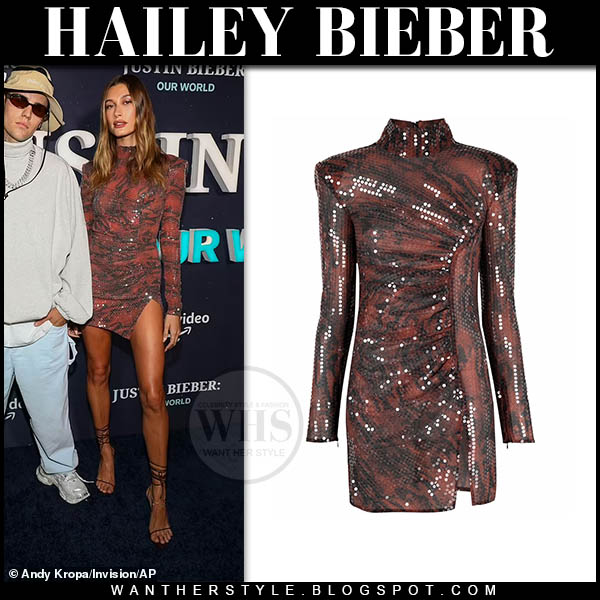 Hailey Bieber in brown snake sequin mini dress