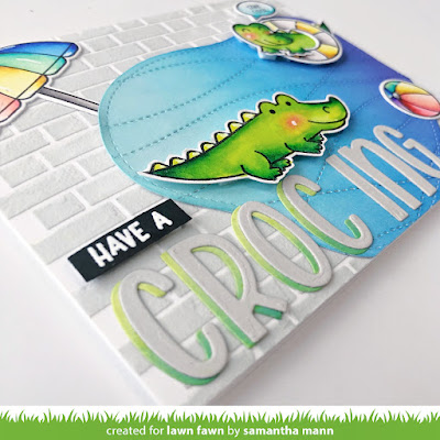 Have a Croc-ing Summer Card by Samantha Mann for Lawn Fawn, Clear Stamps, Die Cutting, Distress Inks, Ink Blending, Summer, Puns, crocodile, alligator, handmade card, Cards, card making #lawnfawn #cardmaking #distressinks #summer #handmadecarsds