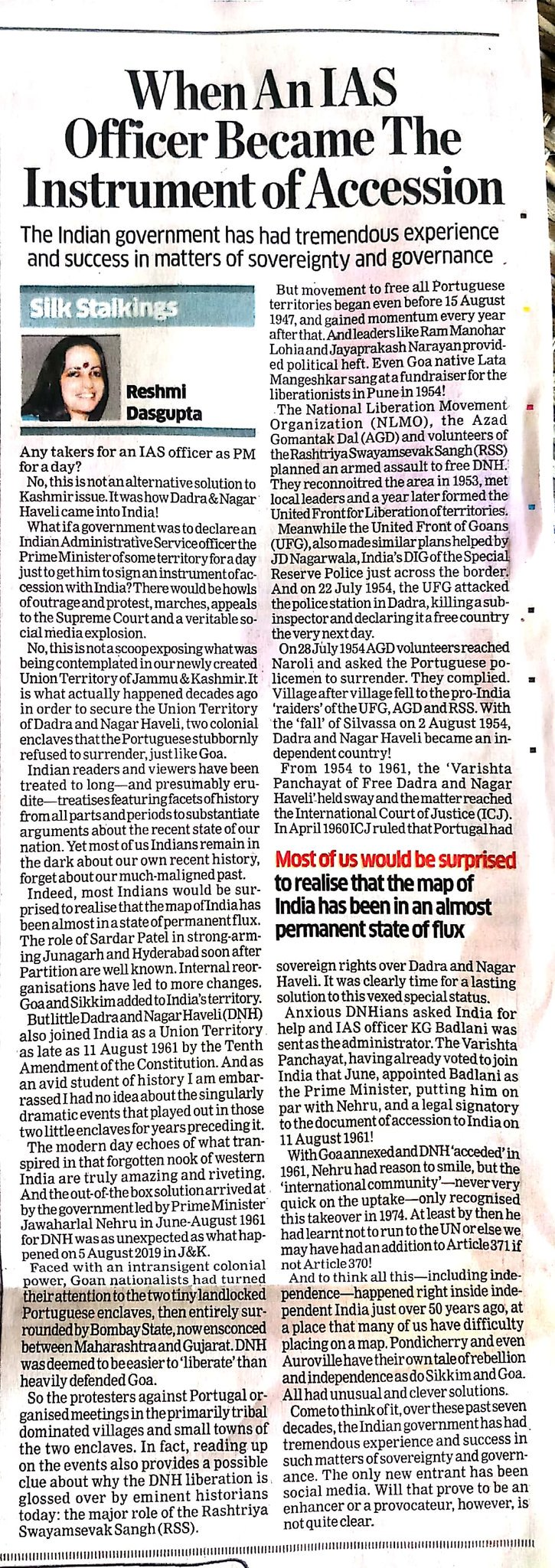 Some history to learn from. How K G Badlani IAS, the then Administrator for Dadra and Nagar Haveli was appointed Prime Minister of DNH in June 1961 and he signed the document of accession to India on 11th August 1961. #IAS