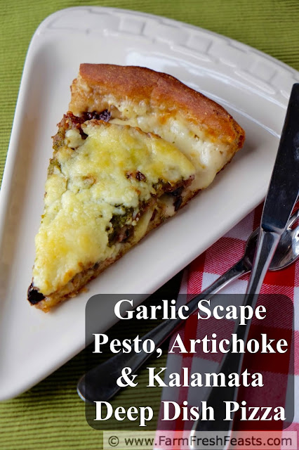 This pizza is layered with mozzarella cheese, marinated artichoke hearts, kalamata olives tucked under an Italian sausage blanket spread with garlic scape pesto.