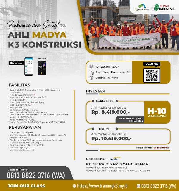 Training Ahli Madya K3 Konstruksi kemnaker tgl. 19-28 Juni 2024